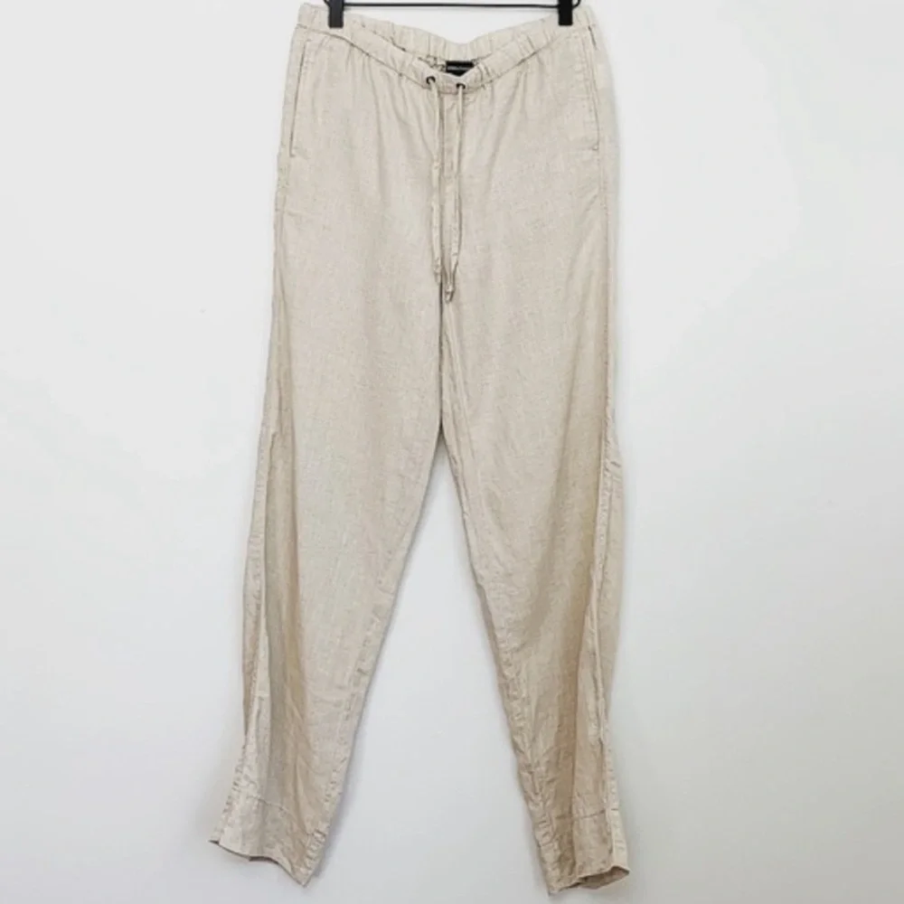 Lord & Taylor 100% linen tan ecru wide leg loose fit long khaki tie waist pants - Picture 2 of 8